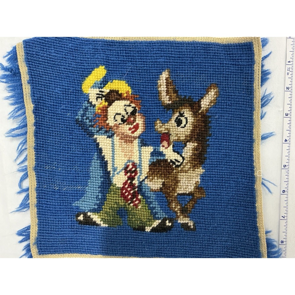 VTG Finished Needlepoint Tapestry Clown and A Donkey Folk Art 9in X 9in
